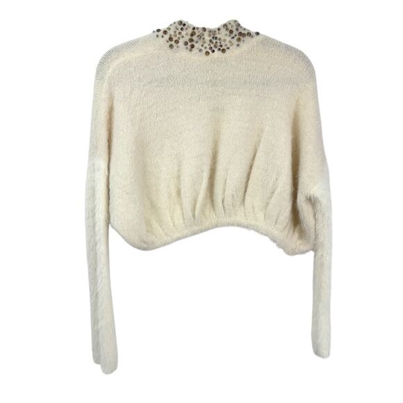 Anthropologie Knitted Knotted XS Crop Bolero Open Cardigan Ivory Sequined Fuzzy - Picture 4 of 12